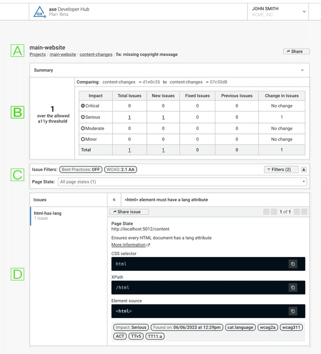 An image of the test run results page for axe Developer Hub.