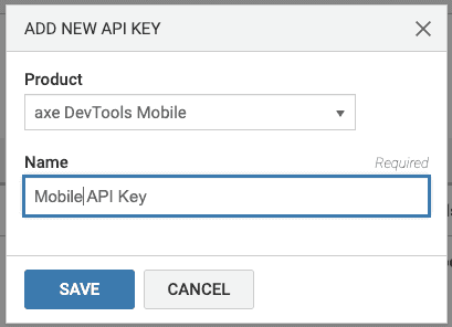 Screenshot of New API Key Settings dialog showing axe DevTools Mobile selected from the Product menu.
