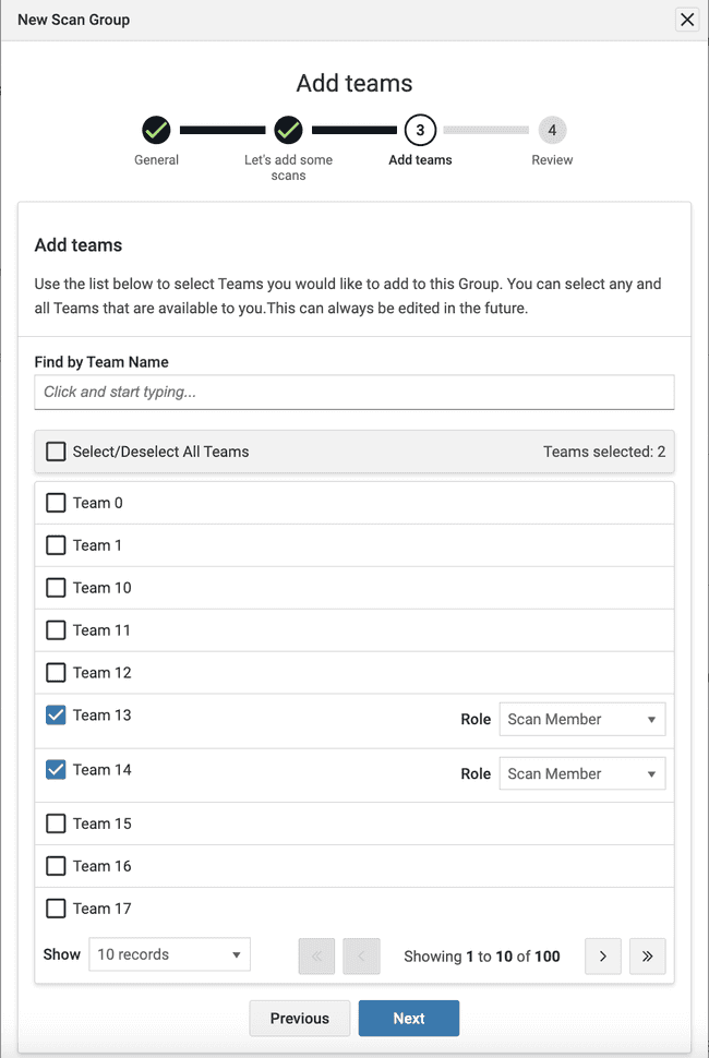 Select Teams to add to scan group