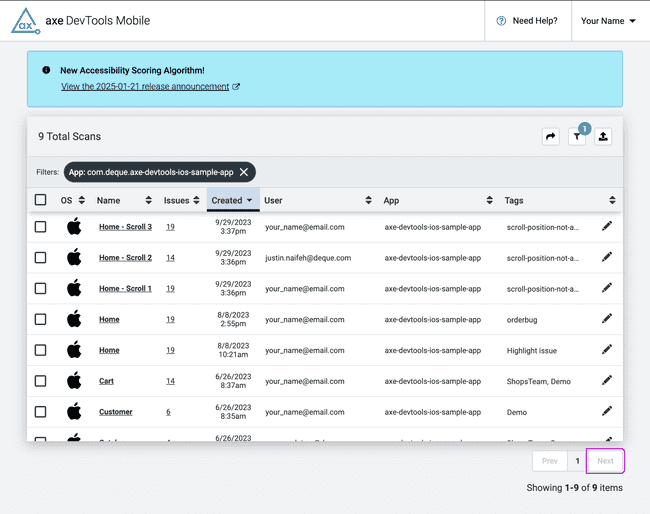 Screenshot of axe DevTools Mobile dashboard showcasing iOS scan results.