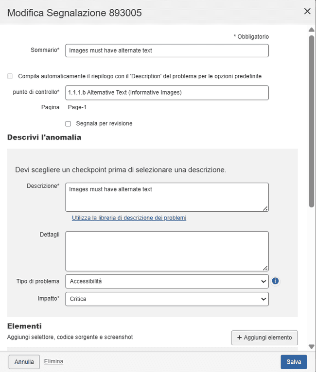 Finestra di dialogo Modifica problema