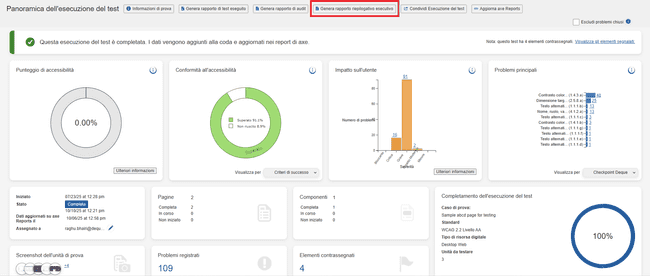 Panoramica dell'esecuzione del test per generare un report di riepilogo esecutivo