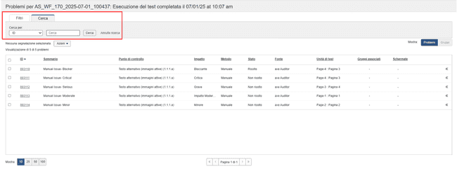 Filtraggio dei problemi