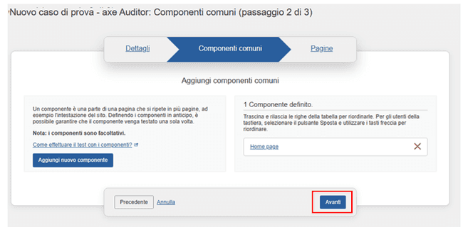Attivazione del pulsante Crea nuovo caso di test nel pannello Pagine della schermata Nuovo caso di test: Pagine (Passaggio 3 di 3)