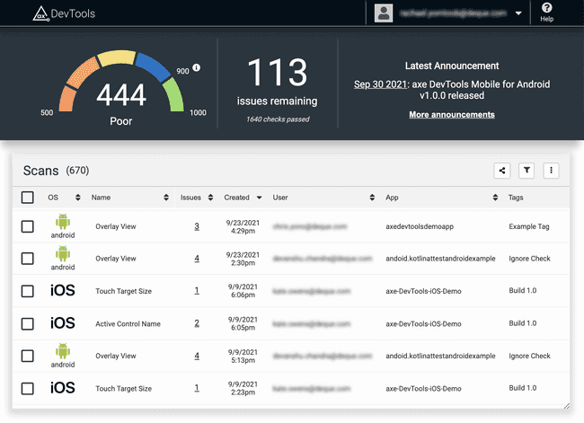Screenshot of axe DevTools Mobile dashboard showcasing iOS and Android scan results.