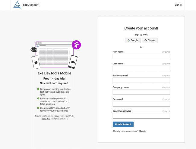 Screenshot of the sign up form for creating a Deque account.
