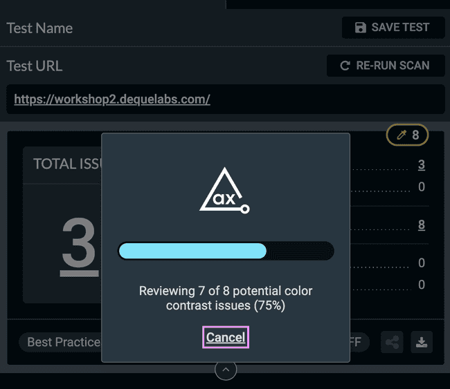 Screenshot of Color Contrast Analyzer progress bar: "Reviewing 7 of 8 potential color contrast issues