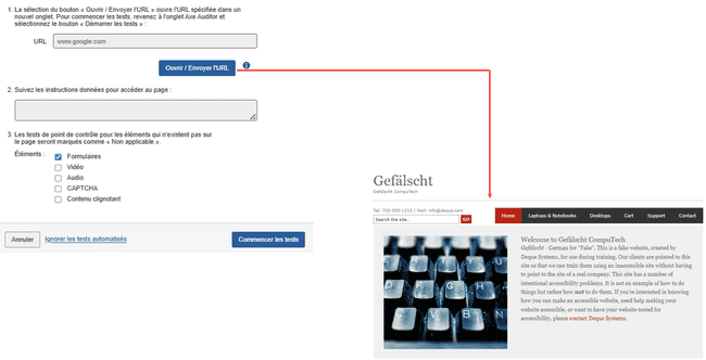 exemple d'écran de préparation d'une page pour test automatisé et manuel