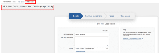Edit Test Case 4-panel wizard with Details panel open