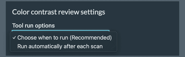 Screenshot of Color Contrast Analyzer advanced settings "Tool run optoins" select list