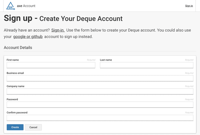 Image that shows Deque's axe Account creation page. You enter your name, organization, and password to create a new account.