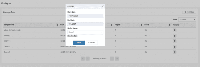 Filters on the Scan Data screen for Start Date, End Date, Script name