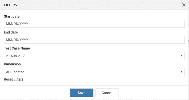 Filters on the Audit Data screen for Start Date, End Date, Test Case name, Dimension