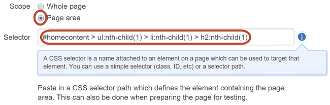 Activating the Page area radio button option in the Scope field, then populating the Selector field with the desired selector value