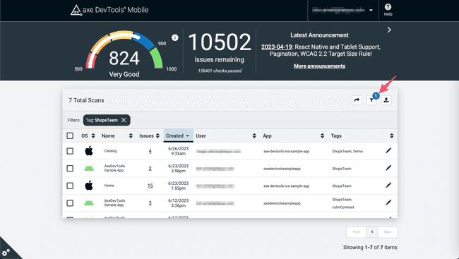 Screenshot of the dashboard with the tag filter enabled on the tag 'Example Tag'.