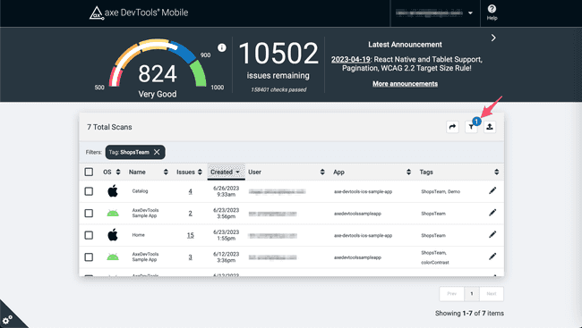 Screenshot of the dashboard with the tag filter enabled on the tag 'Example Tag'.