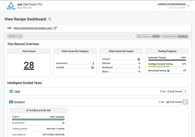 Screenshot of shared saved test overview page