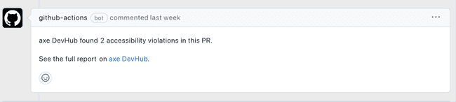 The message that the GitHub action added to a pull request to show that there were accessibility issues detected in this PR.