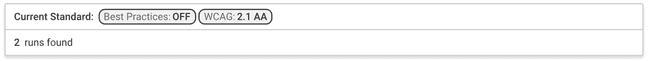 The section contains the currently selected accessibility standard and a count of test runs.