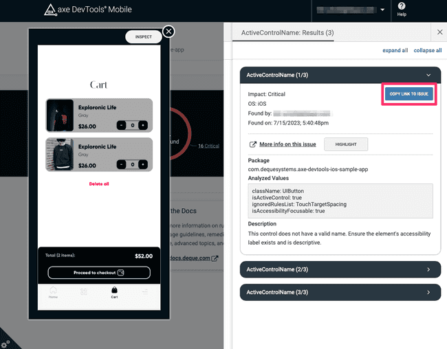 Screenshot of one issue in axe DevTools Mobile, with the 'Copy Link to Issue' button highlighted.