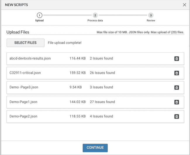 axe DevTools® script configuration modal with files listed showing file size and number of issues found in each file