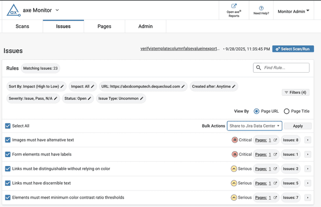 Axe monitor issues view filters: URL: abcdcomputech.dequecloud.com. Select all checkbox filled five accessibility rules are selected. Bulk actions drop down, share to Jira data center. Apply button.