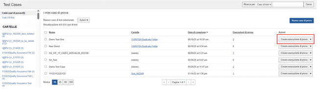 Pulsante Crea esecuzione di prova