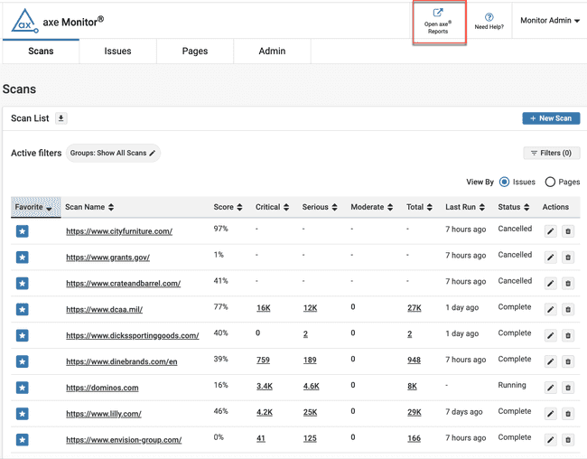 Open axe Reports link in axe Monitor