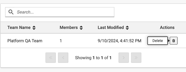 Screenshot of delete button tooltip within teams table