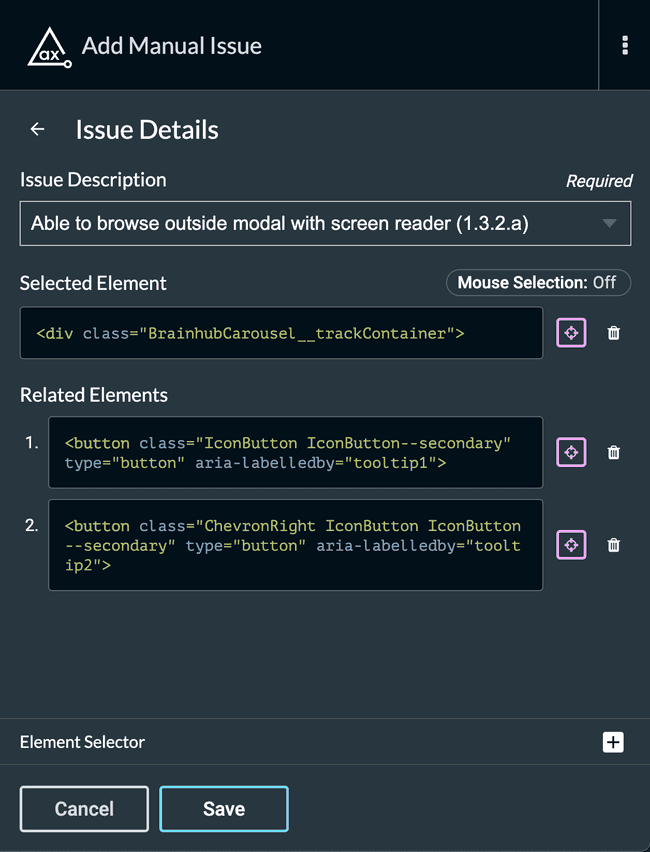 Screenshot of adding a manual issue description, element and related elements