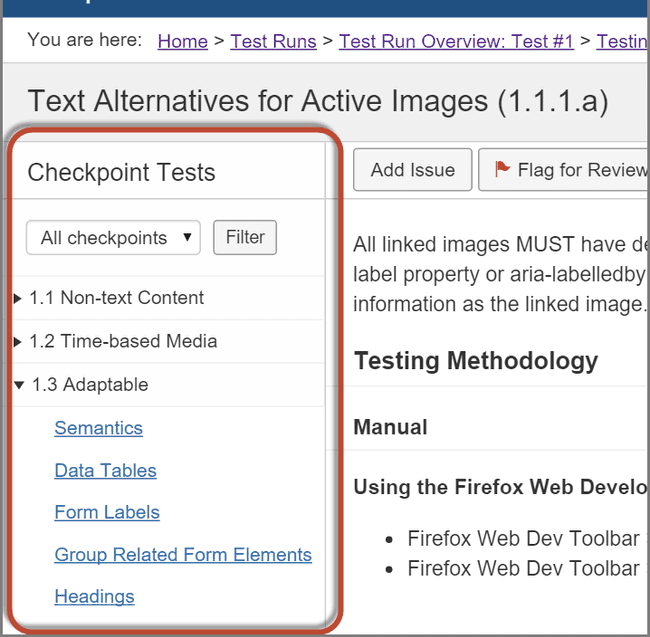 Location of Left Sidebar Menu of categorized checkpoint test page
links