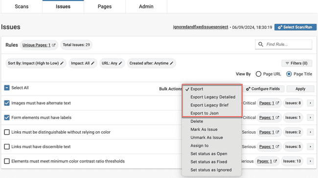 Bulk Exporting Options in Issues Page