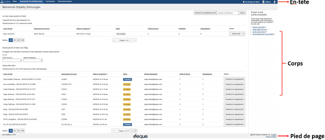les régions supérieure (en-tête), médiane (corps) et inférieure (pied de page) de l'interface utilisateur appelées par des étiquettes