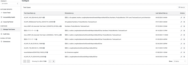 Audit Data screen with the list of audits for a single test case displayed