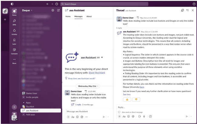 axe Assistant Threads Section that Displays the Corresponding Answers to Users Query