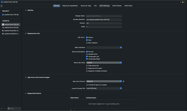 Screenshot of xCode where the `General` tab is selected for the application target, and the `Deployment Info` section and its `Device Orientation` options are displaying.