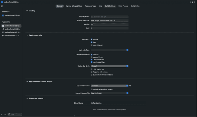 Screenshot of xCode where the `General` tab is selected for the application target, and the `Deployment Info` section and its `Device Orientation` options are displaying.