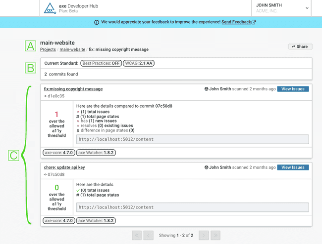 Commits page in axe Developer Studio showing the commits that are part of the content-changes branch