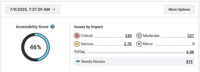 Accessibility Score 46% donut chart, Issues by Impact with Critical, Serious, Moderate, Minor, Total, Needs Review