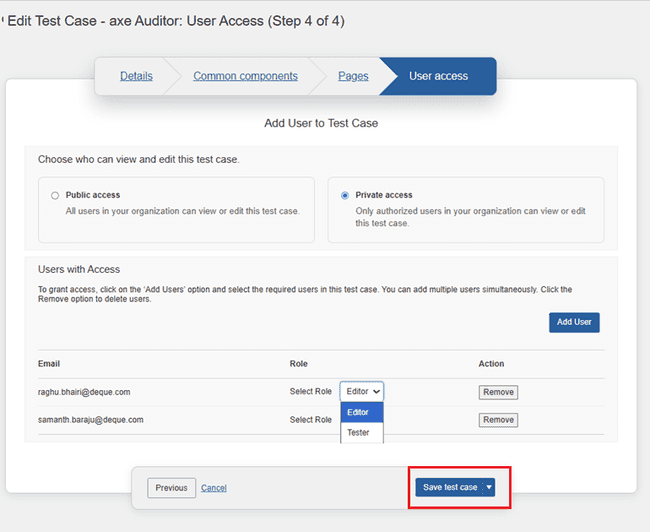 Save Test Case button on Pages panel