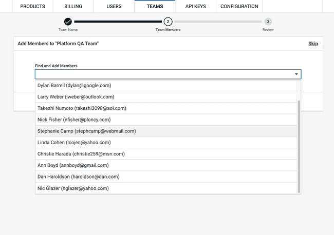Screenshot of create team step 2 add "Team Members"