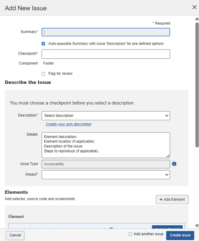 Add New Issue Screen