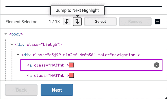 Element selector UI with "Jump to next highlight" focused