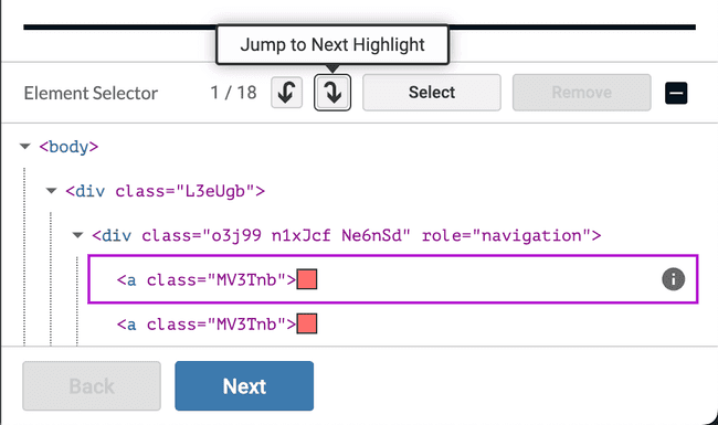 Element selector UI with "Jump to next highlight" focused