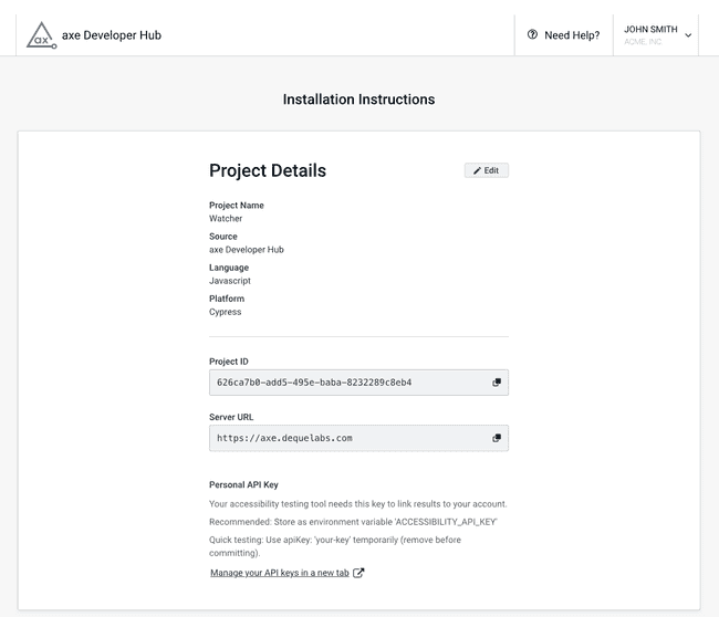 This image shows the instructions, which is the final step when creating a new axe Developer Hub project.