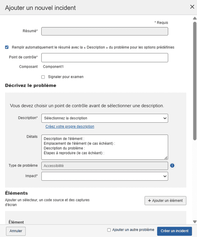 Écran d'ajout d'un nouveau problème