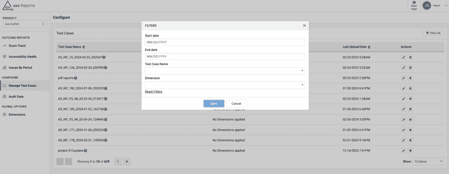 Filters on the Audit Data screen for Start Date, End Date, Project name
