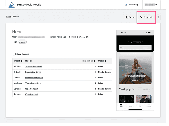  Screenshot of the share dialog window with the options to copy the URL, email the URL, or export the scan. Export the scan is highlighted.