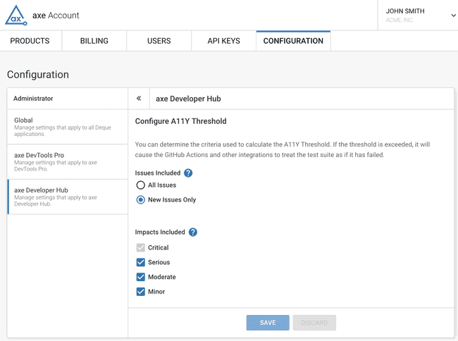 The configuration page for the a11y threshold, which allows the user to change the criteria that make up the a11y threshold.