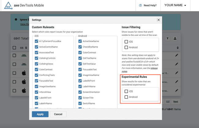 Screenshot of the Settings dialog, with the Experimental Rules section highlighted on the right side of the dialog. The checkboxes are not checked.